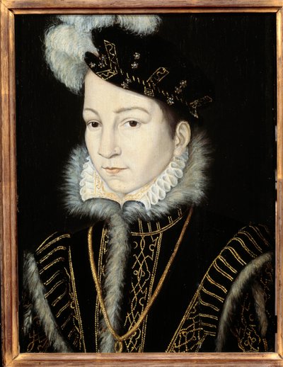 Retrato de Carlos IX, Rei de França (1550 - 1574). Atelier de Francois Clouet (1515-1572), v. 1555. Óleo sobre madeira. Dim: 0,32 x 0,23m. Óleo sobre madeira. - Retrato de Carlos IX, Rei de França (1550-1574). Workshop de François Clouet (1515-1572), cerca de Francois (workshop of) Clouet