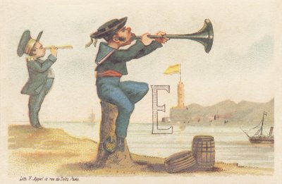 E (carta retratada por um marinheiro bretão sentado em um bitte de amarração e jogando bombardeio) de Francois Antoine Appel
