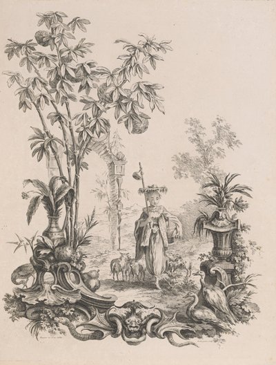 Menina chinesa caminhando, cercada por suas ovelhas, ca.1740-50. de Francois Antoine Aveline