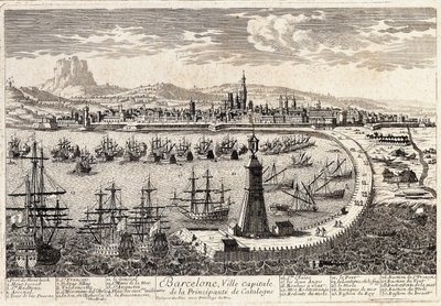 Vista da cidade e do porto de Barcelona no século XVIII. Gravura de François Antoine Aveline Barcelona, Museu d