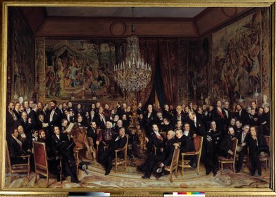 Noite no Louvre com o Conde de Nieuwerkerke Entre os presentes: François Marcellin Certain de Canrobert (1809-1895), Eugene Delacroix (1798-1863), Camille Doucet (1812-1895), Jacques Fromental Levy dit Halevy (1799-1862), Barão Georges Haussmann ( de François Auguste Biard