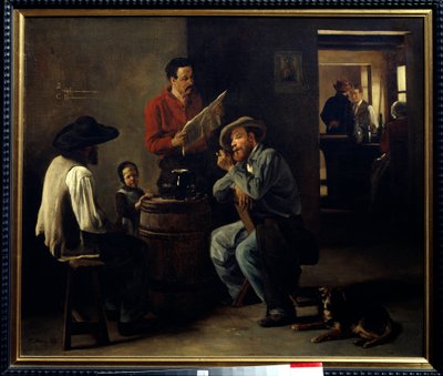 Interior do cabaré Dois homens sentados numa taverna ouvem a leitura do jornal. Pintura de François Bonvin (1817-1887) 1859 Arras, Musee des Beaux Arts. de François Bonvin