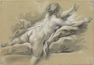 Uma mulher nua a esticar o braço para a direita de François Boucher