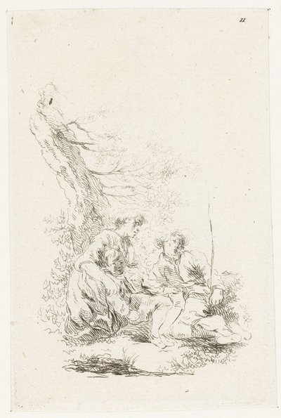 Três pessoas sentadas junto a uma árvore de François Boucher