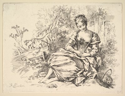 Menina numa paisagem com um cesto de flores de François Boucher