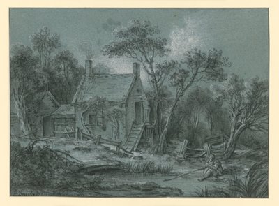 Casa com uma escadaria entre as árvores, com um pescador em frente de François Boucher