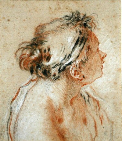 Cabeça de uma Ninfa (giz preto, branco e vermelho sobre papel castanho claro) de François Boucher