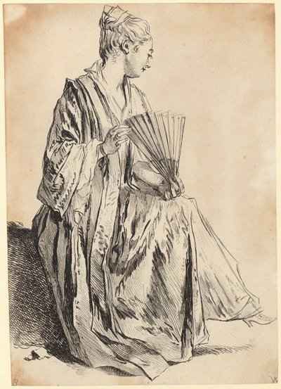 Mulher jovem sentada a brincar com um leque de François Boucher