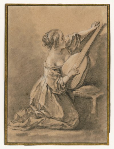 Jovem ajoelhada a afinar um alaúde de François Boucher
