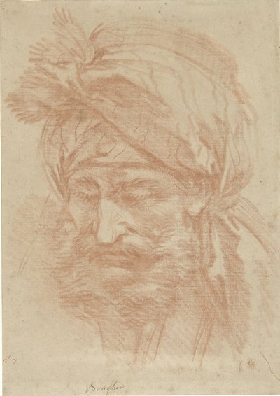 Cabeça de um oriental barbudo com turbante, vista de frente, olhando para baixo de François Boucher