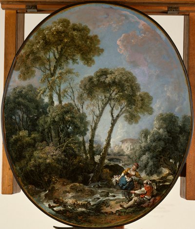 Paisagem com pescador e uma jovem mulher de François Boucher