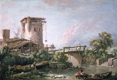 Paisagem com torre e ponte de François Boucher