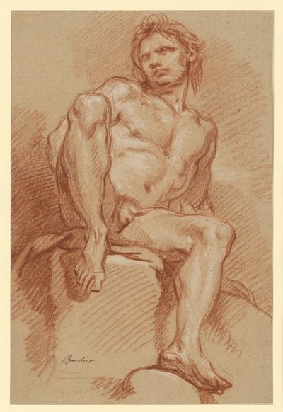 Estudo de nu masculino, sentado e visto de frente de François Boucher