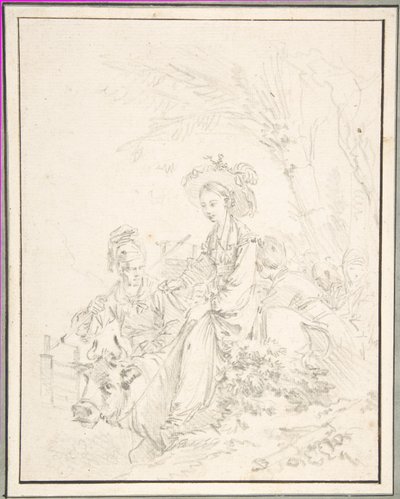 Camponesa a montar um boi com os seus companheiros de François Boucher