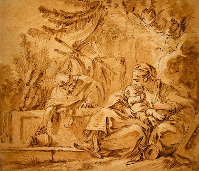Descanso no vôo para o Egito (caneta e tinta marrom com lavagens rosa e marrom em papel) de François Boucher