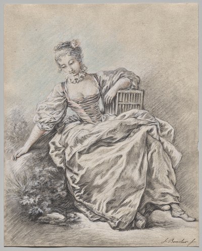 Mulher sentada a segurar uma gaiola de François Boucher