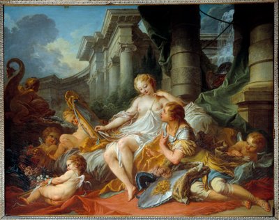 O amor de Renaud e Armide Ilustração de uma cena de "La Jerusalem delivree" (La gerusalemme liberata) de Torquato Tasso (conhecida como a Caneca). O encantador Armide rodeado de um seduto muito simbólico Amours com a ajuda do seu espelho mágico o cavaleiro de François Boucher