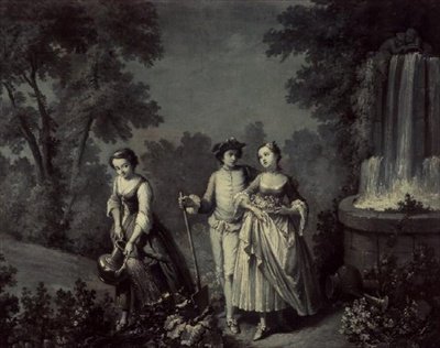 Duas raparigas e uma jardinagem juvenil perto de uma fonte (caneta a p/b e lavagem) de François Boucher