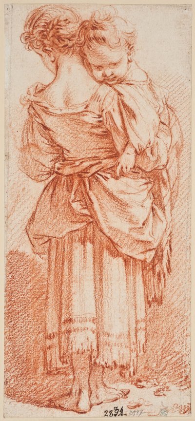 Mulher jovem com uma criança ao colo, vista de costas de François Boucher