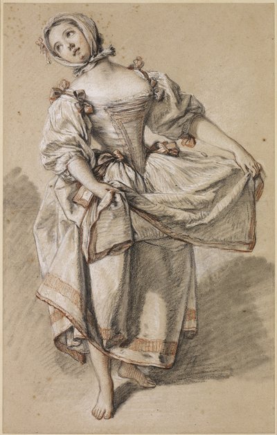 Young Country Girl Dancing, c. 1765-70 (giz preto, vermelho e branco e cepo sobre papel de cama de buff) de François Boucher