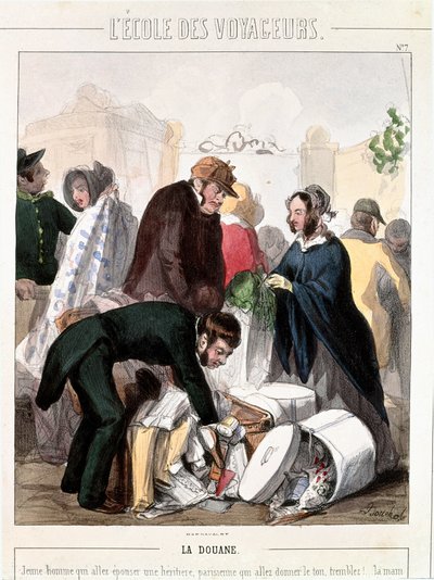 Alfândega. O controle aduaneiro do dote de um heritiere que ia casar com um jovem. Gravura a cores por François Bouchot (1800-1842), por volta de 1830. Paris, Musee Carnavalet de Francois Bouchot