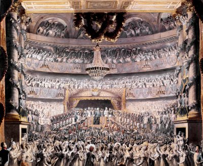 Luís XVIII (1755-1824) assiste ao teatro de Odeon numa festa dada pela Guarda Nacional de Paris em 1819 Desenho de François Buffet (1789-1843) Sol. 36x44 cm Versailles, musee du chateau de Francois Buffet