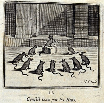 Conselho de Administração detido pelos Ratos. Fábulas de Jean de La Fontaine (1621-95). Ilustração de François Chauveau (1613-1676). Edição de 1728. de Francois Chauveau
