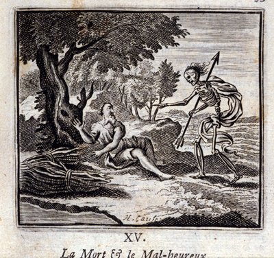 A Morte e os Infelizes. Fábulas de Jean de La Fontaine (1621-95). Ilustração de François Chauveau (1613-1676). Edição de 1728. de Francois Chauveau