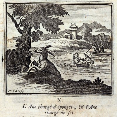 Burro cheio de esponjas, e burro cheio de sal. Fábulas de Jean de La Fontaine (1621-95). Ilustração de François Chauveau (1613-1676). Edição de 1728. de Francois Chauveau