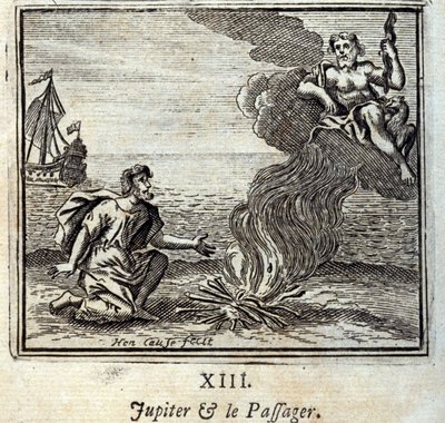 Júpiter e o Passageiro. Fábulas de Jean de La Fontaine (1621-95). Ilustração de François Chauveau (1613-1676). Edição de 1728. de Francois Chauveau