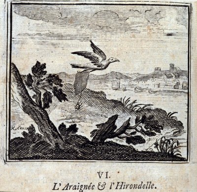 A Aranha e a Andorinha: Fábulas de Jean de La Fontaine (1621-95). Ilustração de François Chauveau (1613-1676). Edição de 1728. de Francois Chauveau