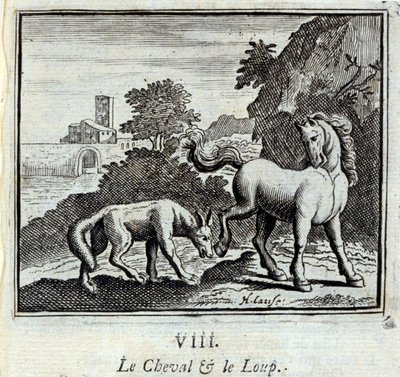 The Horse and the Wolf Fables de Jean de La Fontaine (1621-95). Ilustração de François Chauveau (1613-1676). Edição de 1728. de Francois Chauveau