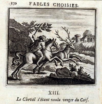 Le Cheval queria vingança para o Veado. Fábulas de Jean de La Fontaine (1621-95). Ilustração de François Chauveau (1613-1676). Edição de 1728. de Francois Chauveau