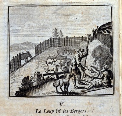 The Wolf and the Shepherds Fables de Jean de La Fontaine (1621-95). Ilustração de François Chauveau (1613-1676). Edição de 1728. de Francois Chauveau