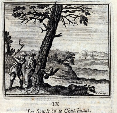 The Mice and the Cat Huant.fables de Jean de La Fontaine (1621-95). Ilustração de François Chauveau (1613-1676). Edição de 1728. de Francois Chauveau