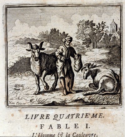Homem e Serpente. Fábulas de Jean de La Fontaine (1621-95). Ilustração de François Chauveau (1613-1676). Edição de 1728. de Francois Chauveau