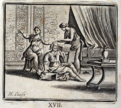 Homem entre duas idades e as suas duas Maitresses. Fábulas de Jean de La Fontaine (1621-95). Ilustração de François Chauveau (1613-1676). Edição de 1728. de Francois Chauveau