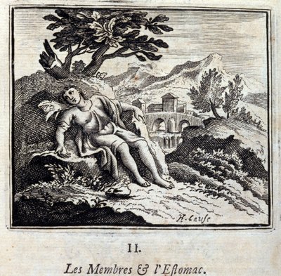 Membros e Estômago. Fábulas de Jean de La Fontaine (1621-95). Ilustração de François Chauveau (1613-1676). Edição de 1728. de Francois Chauveau