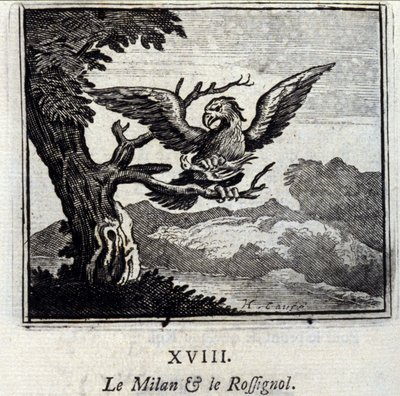 Milão e o Rouxinol. Fábulas de Jean de La Fontaine (1621-95). Ilustração de François Chauveau (1613-1676). Edição de 1728. de Francois Chauveau