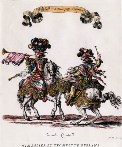 Timbalier persa e trombeta durante o carrossel dado pelo rei Luís XIV (1639-1715) Gravação de François Chauveau (1613-1676) cerca de 1662 Colecção privada de Francois Chauveau