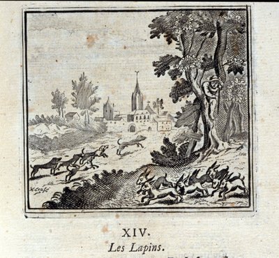 Coelhos. Fábulas de Jean de La Fontaine (1621-95). Ilustração de François Chauveau (1613-1676). Edição de 1728. de Francois Chauveau