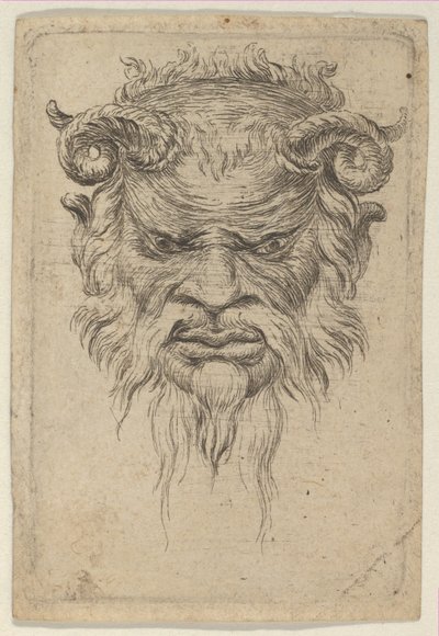 Máscara de sátiro com chifres enrolados olhando para baixo, de Divers Masques, ca. 1635-45. de Francois Chauveau