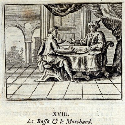 O Bassa e o Mercador. Fábulas de Jean de La Fontaine (1621-95). Ilustração de François Chauveau (1613-1676). Edição de 1728. de Francois Chauveau