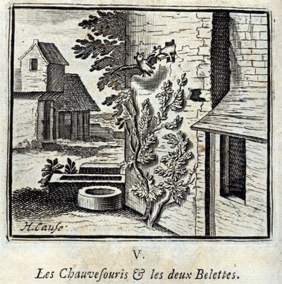 O Morcego e as duas doninhas. Fábulas de Jean de La Fontaine (1621-95). Ilustração de François Chauveau (1613-1676). Edição de 1728. de Francois Chauveau