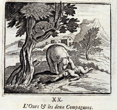 O Urso e os Dois Companheiros. Fábulas de Jean de La Fontaine (1621-95). Ilustração de François Chauveau (1613-1676). Edição de 1728. de Francois Chauveau