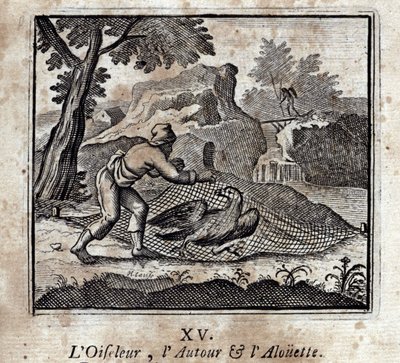 O Birdbird, o Redondo e o Alouette. Fábulas de Jean de La Fontaine (1621-95). Ilustração de François Chauveau (1613-1676). Edição de 1728. de Francois Chauveau