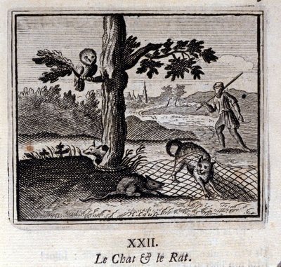 O Gato e o Rato. Fábulas de Jean de La Fontaine (1621-95). Ilustração de François Chauveau (1613-1676). Edição de 1728. de Francois Chauveau