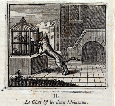 O Gato e os Dois Esparrões. Fábulas de Jean de La Fontaine (1621-95). Ilustração de François Chauveau (1613-1676). Edição de 1728. de Francois Chauveau