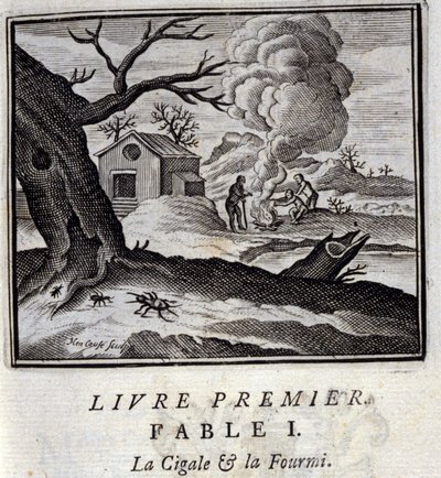 O Cigale e a Formiga. Fábulas de Jean de La Fontaine (1621-95). Ilustração de François Chauveau (1613-1676). Edição de 1728. de Francois Chauveau