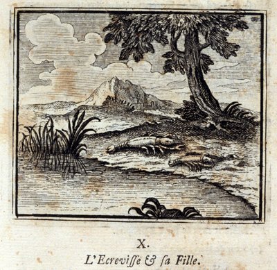O Crevisse e a sua filha. Fábulas de Jean de La Fontaine (1621-95). Ilustração de François Chauveau (1613-1676). Edição de 1728. de Francois Chauveau
